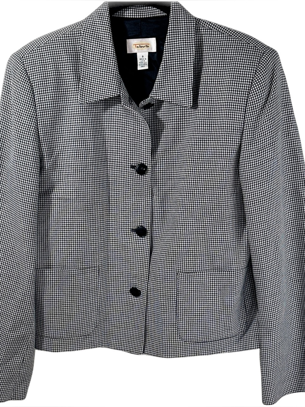 Talbots Wool Blend Black and White Houndstooth Button-Front Blazer size 8